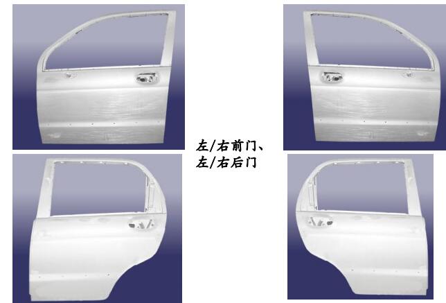目前生产的零件中，有11种冲压件是外表面件分别 为： • 四翼：左/右前翼子板、左/右侧外板—侧围后部 （左/右后翼） • 四门：左/右前门外板、左/右后门外板 • 三盖：顶盖、发动机罩外板、行李仓盖外板 • 除了上述的11种外表面件以外，轿车上的覆盖件还 包括：前底板、后底板、前挡板、发动机罩内板、 行李仓盖内板、四门内板等等。