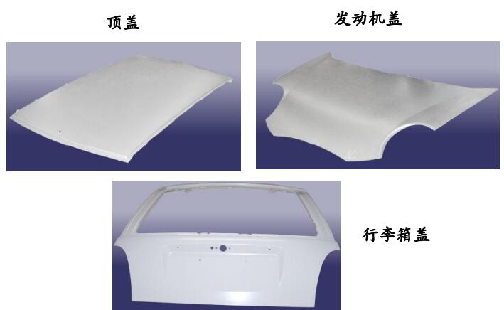 目前生产的零件中，有11种冲压件是外表面件分别 为： • 四翼：左/右前翼子板、左/右侧外板—侧围后部 （左/右后翼） • 四门：左/右前门外板、左/右后门外板 • 三盖：顶盖、发动机罩外板、行李仓盖外板 • 除了上述的11种外表面件以外，轿车上的覆盖件还 包括：前底板、后底板、前挡板、发动机罩内板、 行李仓盖内板、四门内板等等。
